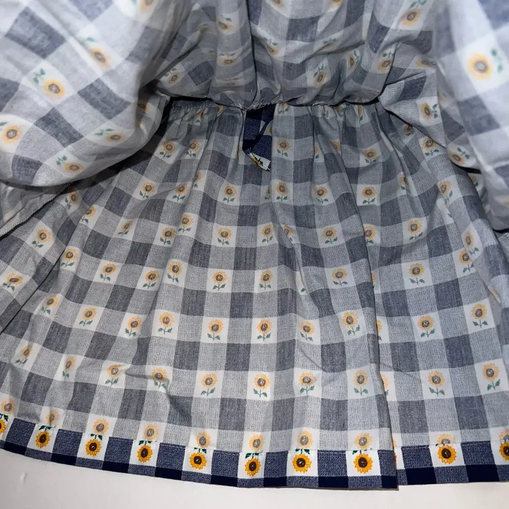 Vintage sunflower fall gingham navy blue and white girls dress tie in back Sz 4